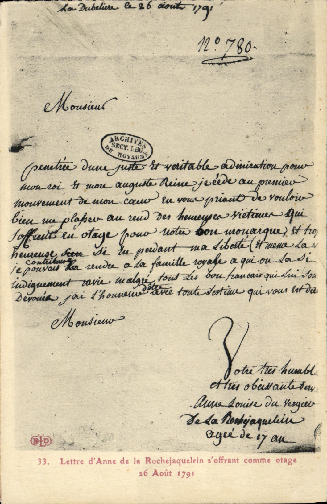 CPA Lettre d'Anne de la Rochejaquelin s'offrant comme otage 26 aout 1791