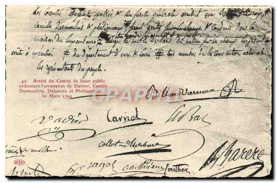 CPA Arrete du comite de Salut Public arrestation de Danton Desmoulins Delacroix et Philippeaux 30 mars 1794