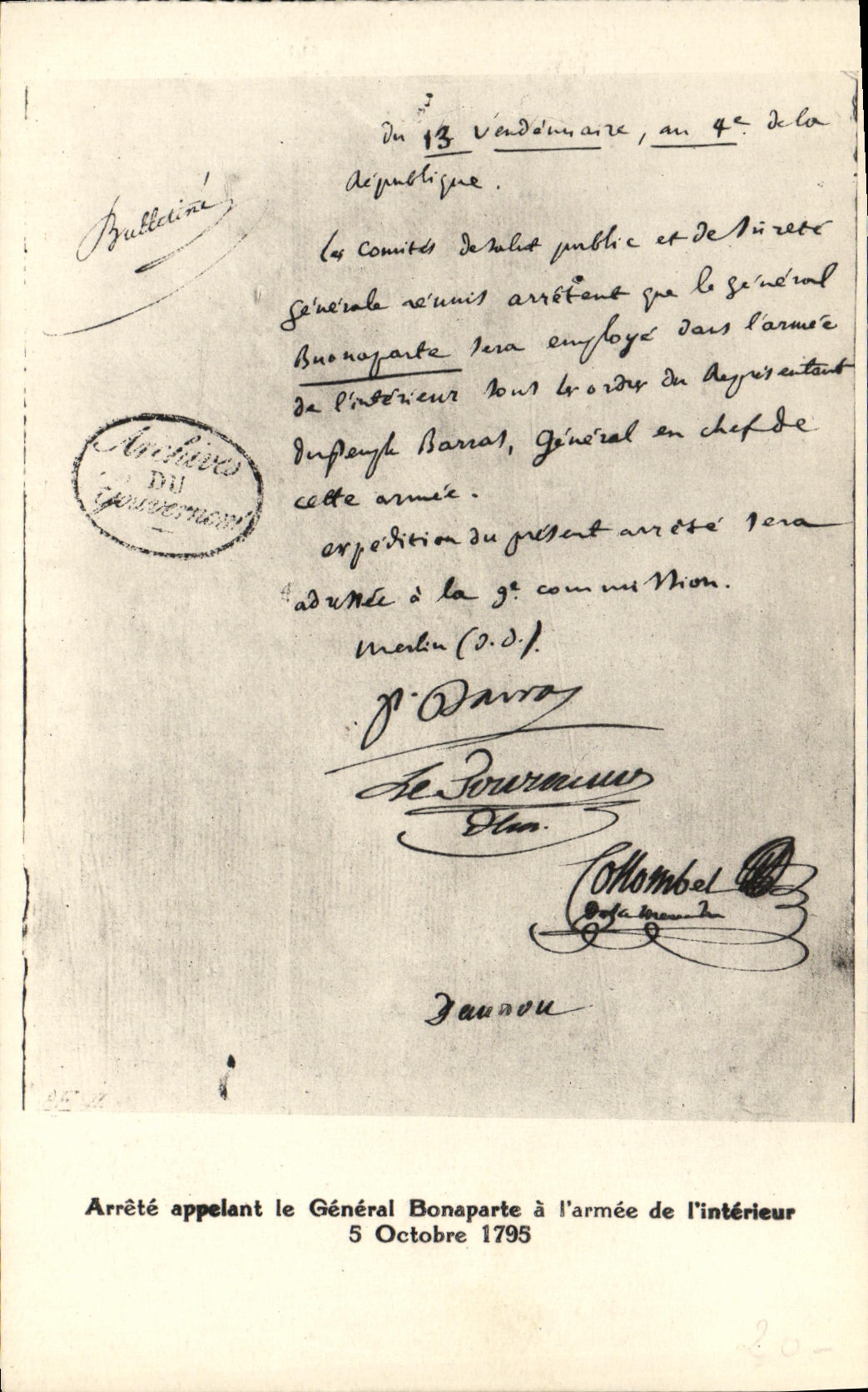 CPA Arrete appelant le general Bonaparte a l'armee de l'interieur 5 octobre 1795 Napoleon