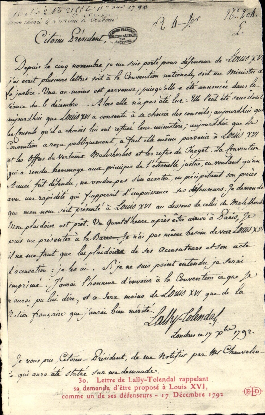 CPA Lettre de LalLy Tolendal Louis XVI Revolution 1792