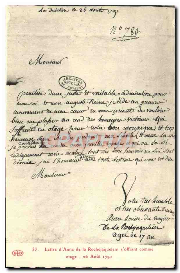 CPA Lettre d'Anne de la Rochejaquelein 1791Revolution