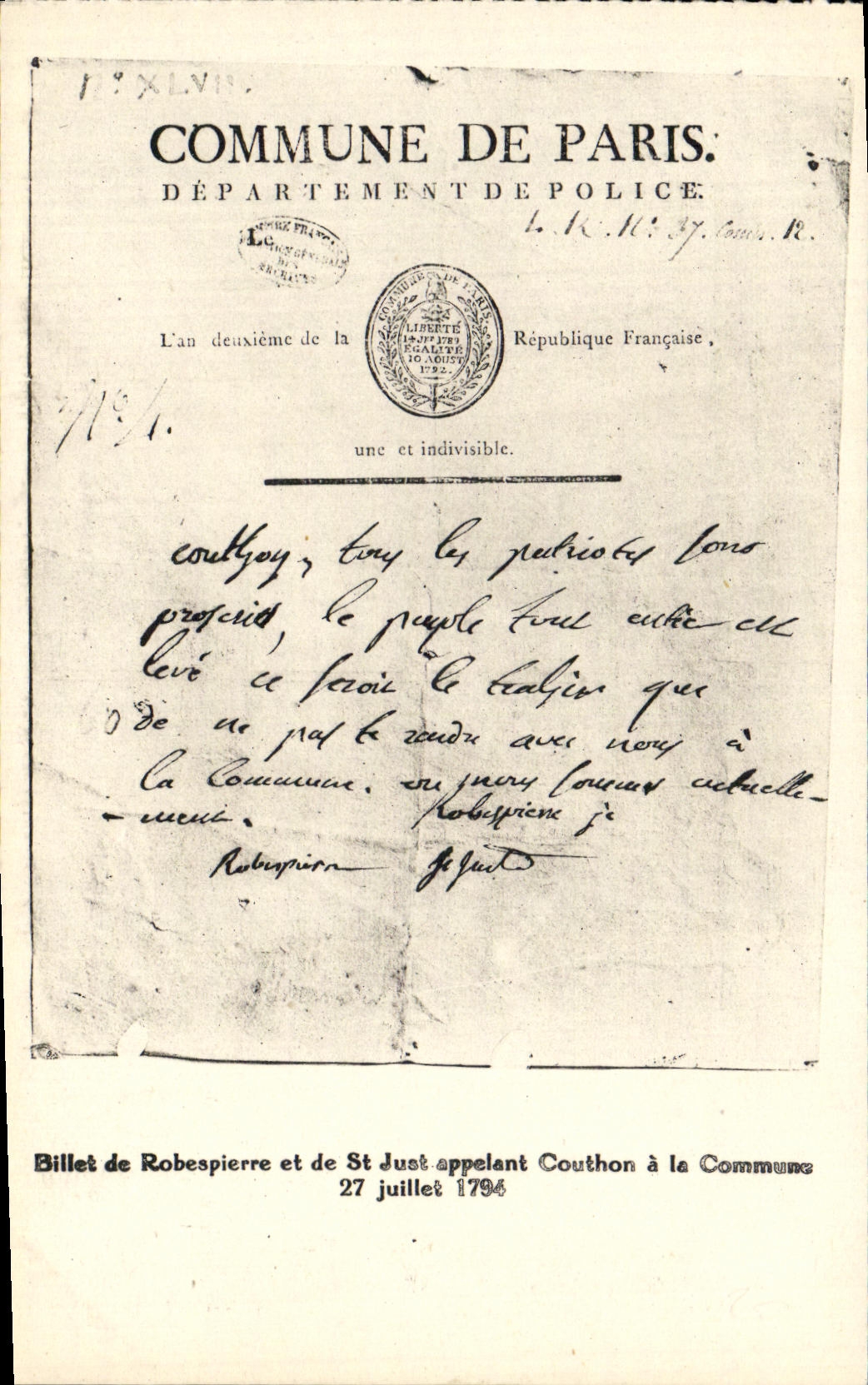 CPA Billet de Robespierre Couthon Commune 1796 Revolution