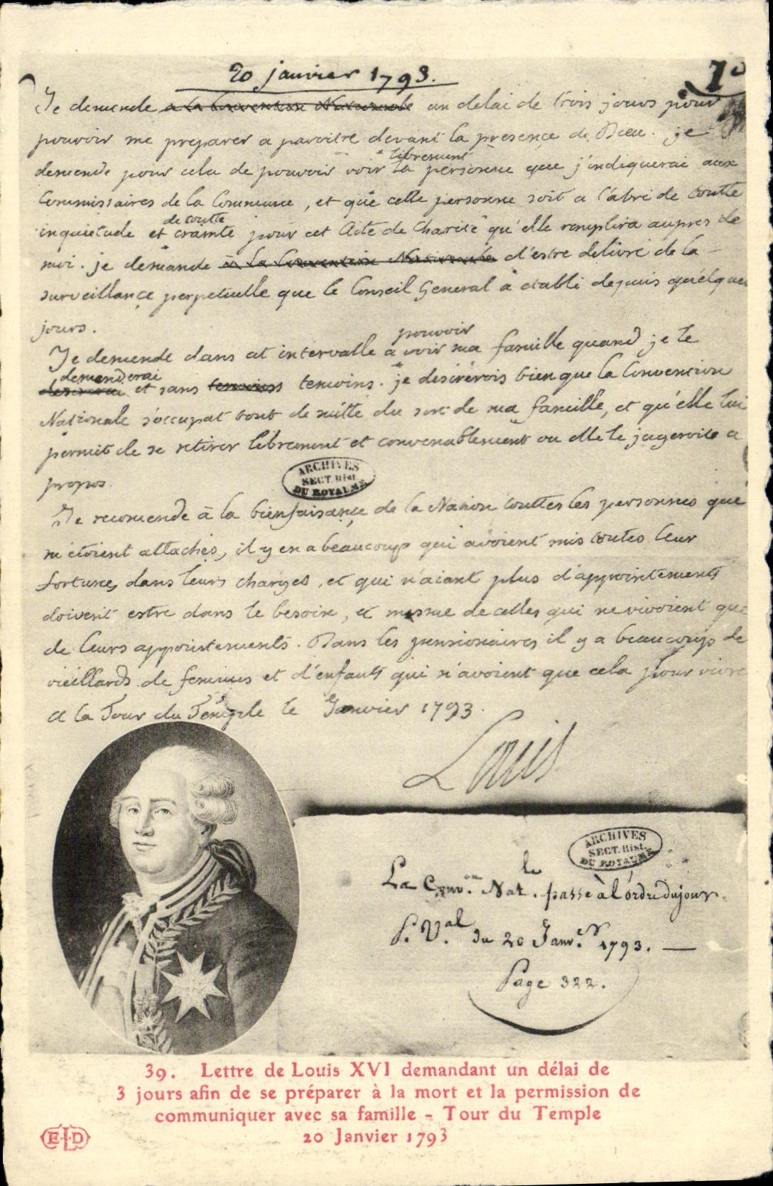 Louis XVI — Lettre demandant un délai de 3 jours afin de se préparer à la mort et la permission de communiquer avec sa famille — Tour du Temple, 20 Janvier 1793