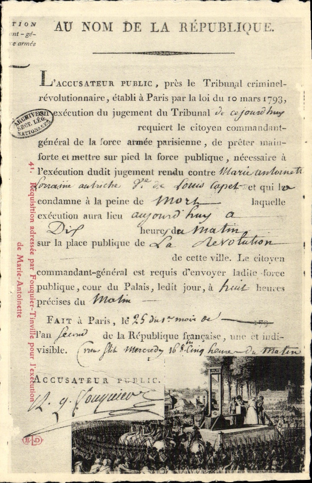 CPA Revolution Requisition Fouquier Tinville pour l'execution de Marie Antoinette Revolution