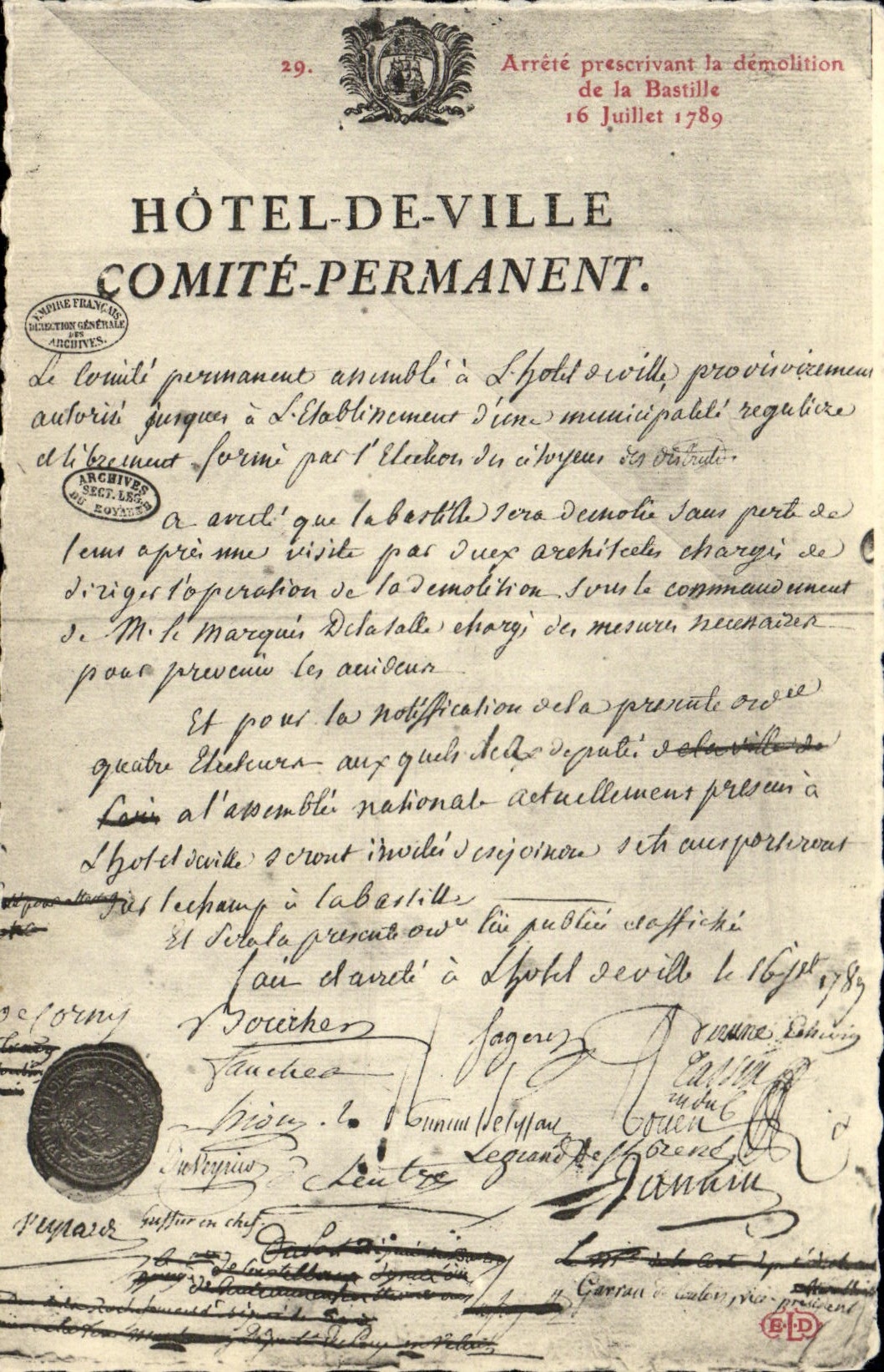CPA arrete prescrivant la demolition de la Bastille 1789