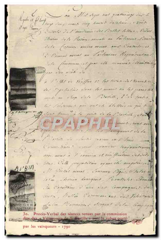 CPA proces verbal Vainqueurs de la Bastille 1790