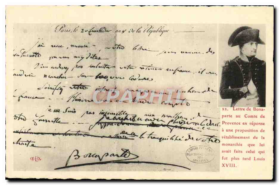 CPA lettre de Bonaparte au comte de Provence Napoleon 1er