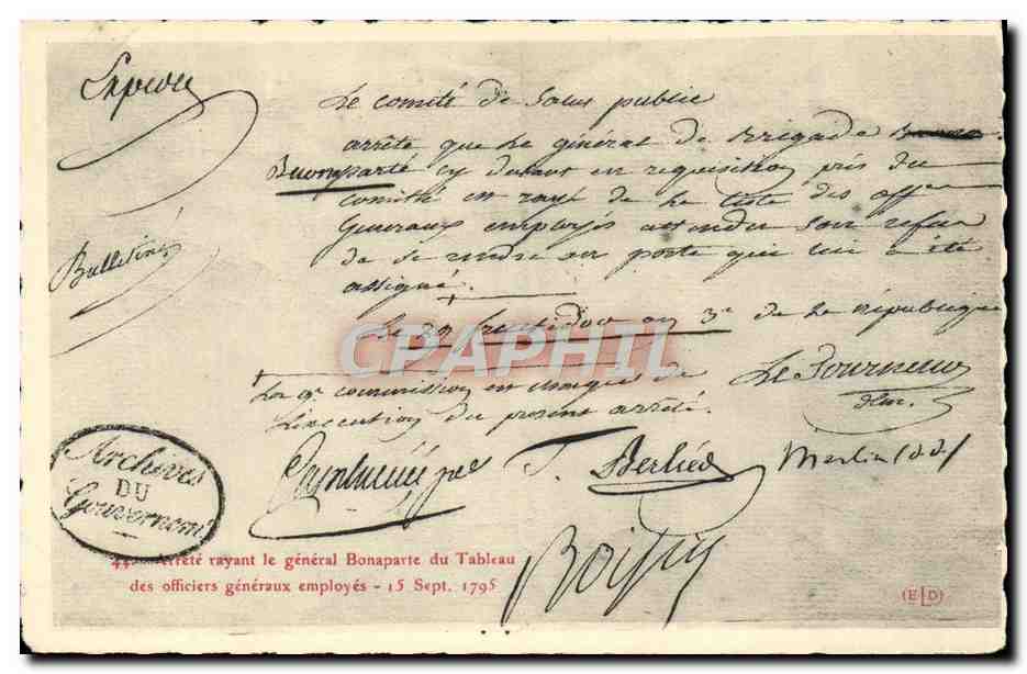 CPA Arrete rayant le general Bonaparte du tableau des officiers generaux 1795 Napoleon 1er
