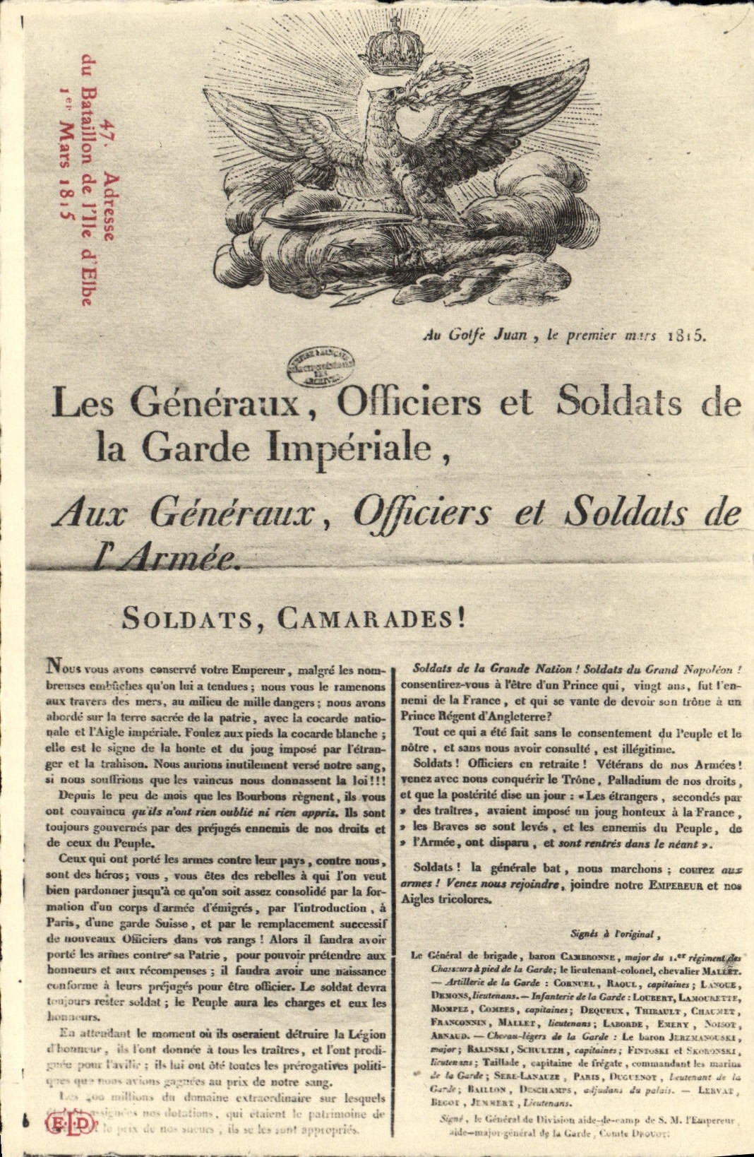CPA Adresse du bataillon de l'ile d'Elbe 1815 Napoleon 1er