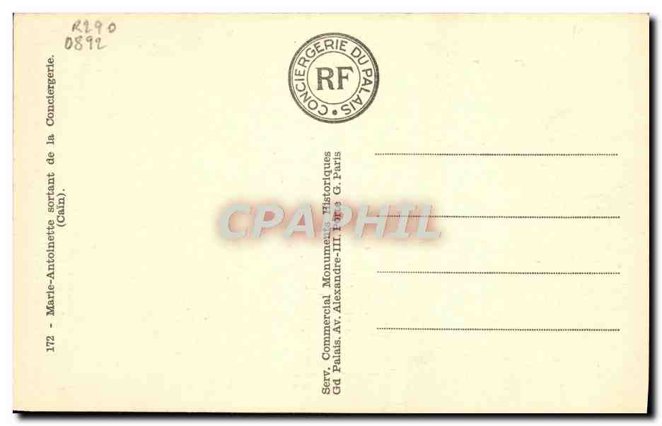 CPA Marie Antoinette sortant de la Conciergerie Paris  — Verso