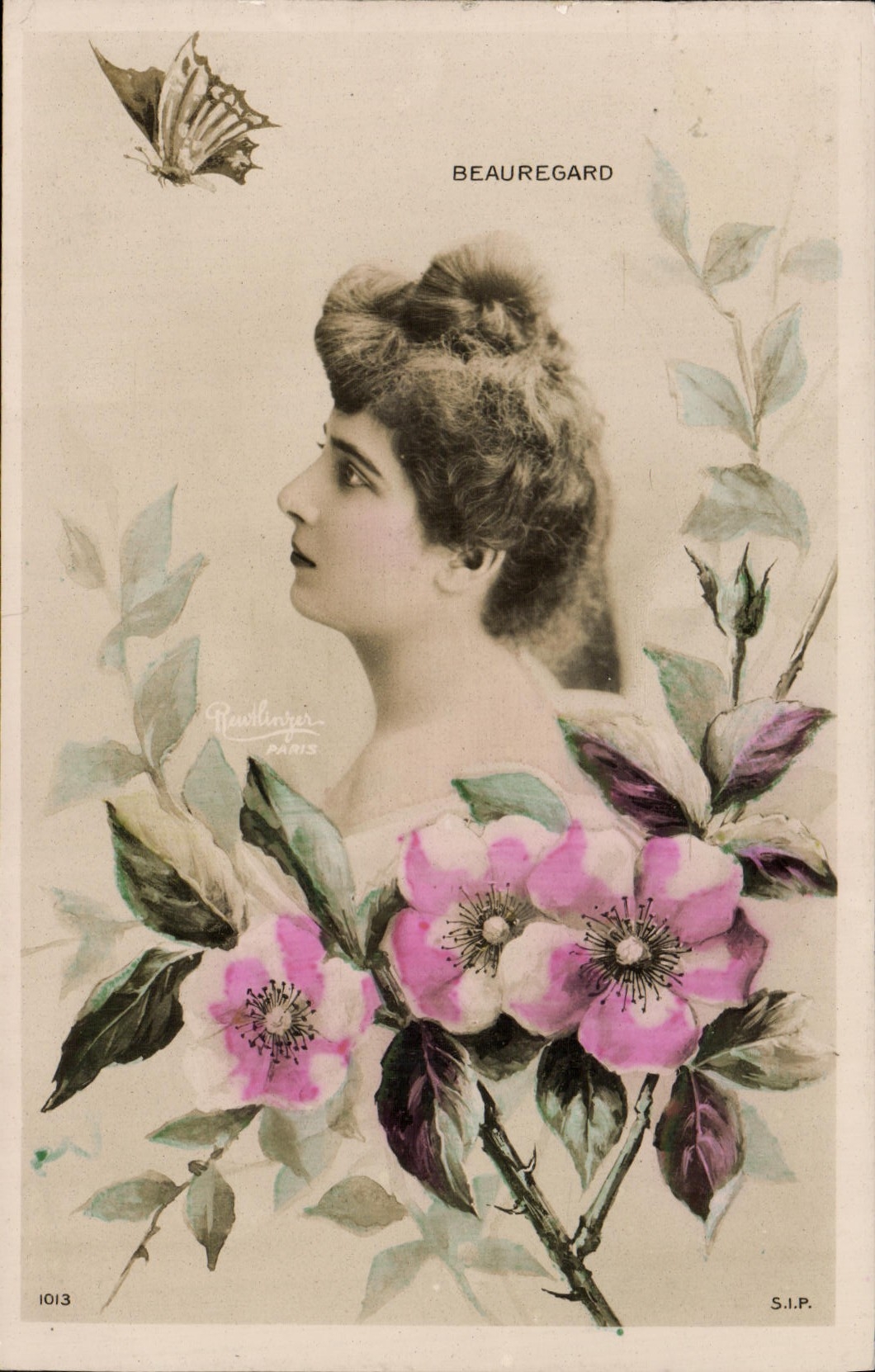 Retrato de mujer — flores y mariposa — Rawlinger Paris, n° 1013