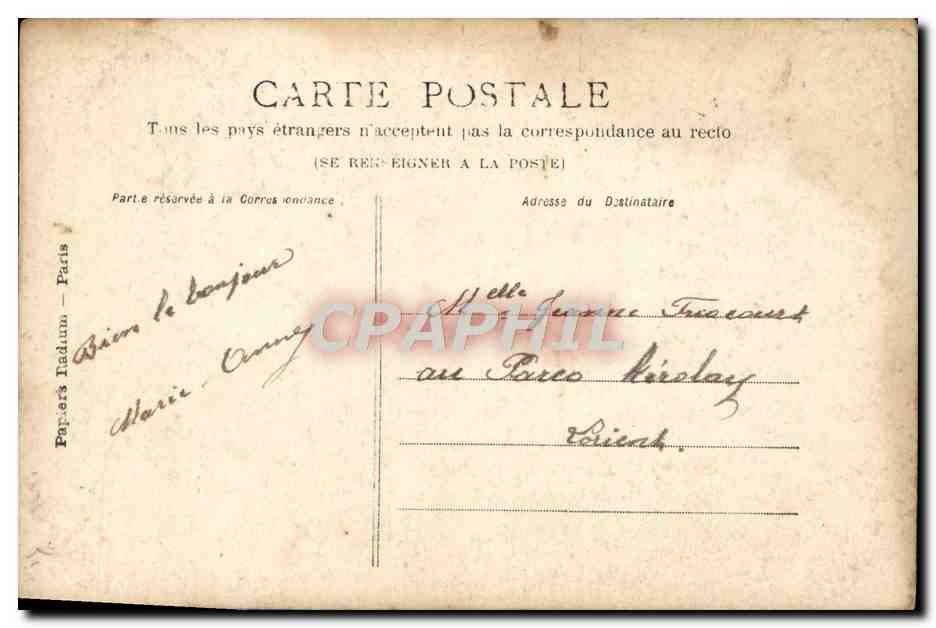 Jeanne D'Alma (La Belle Gabrielle) — Porträt in Theaterkostüm — Papier in Paris — Rückseite