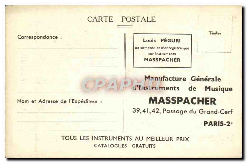 Louis Péguri — Werbung für Schallplatten 'Cristal' und Instrumente von Masspacher — General Music Instrument Manufacturing Company Masspacher — Rückseite