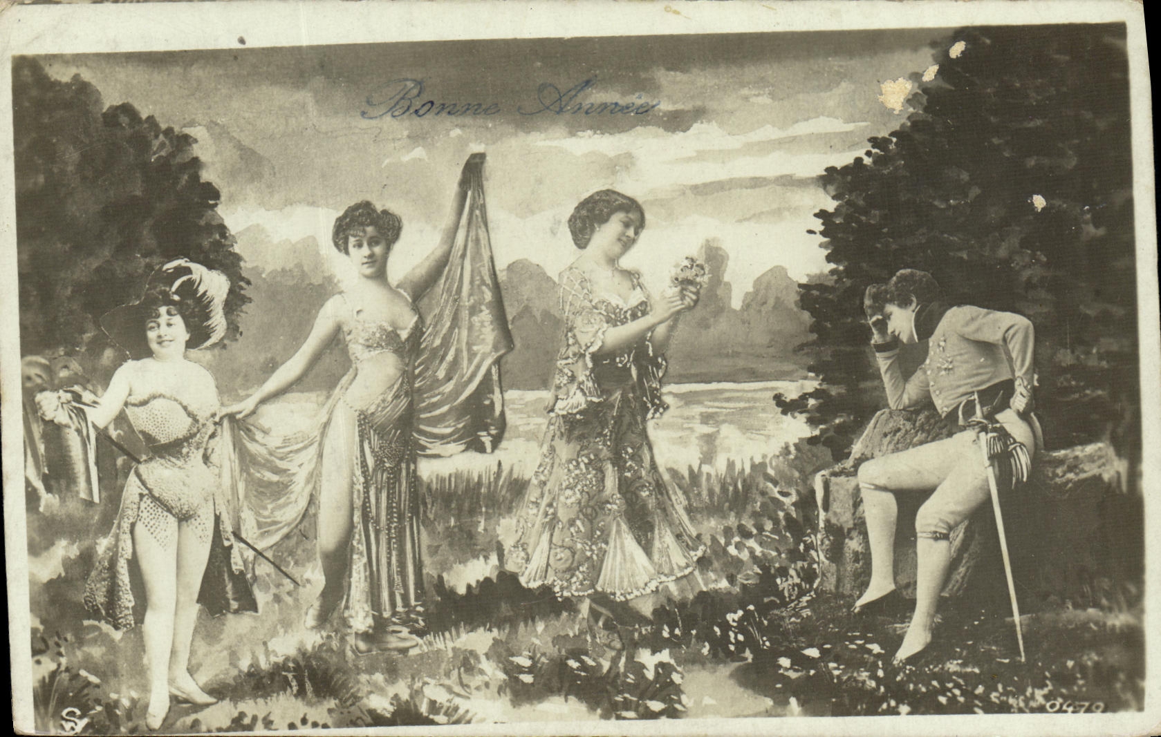Scène de jardin avec trois femmes et un homme — Bonne Année — éditeur S. n° 0479