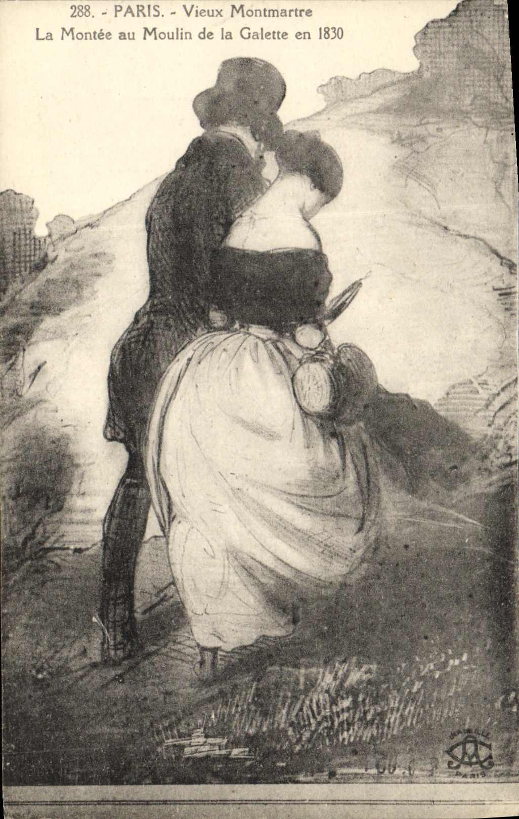 CPA Paris Vieux Montmartre La montee au moulin de la Galette en 1830