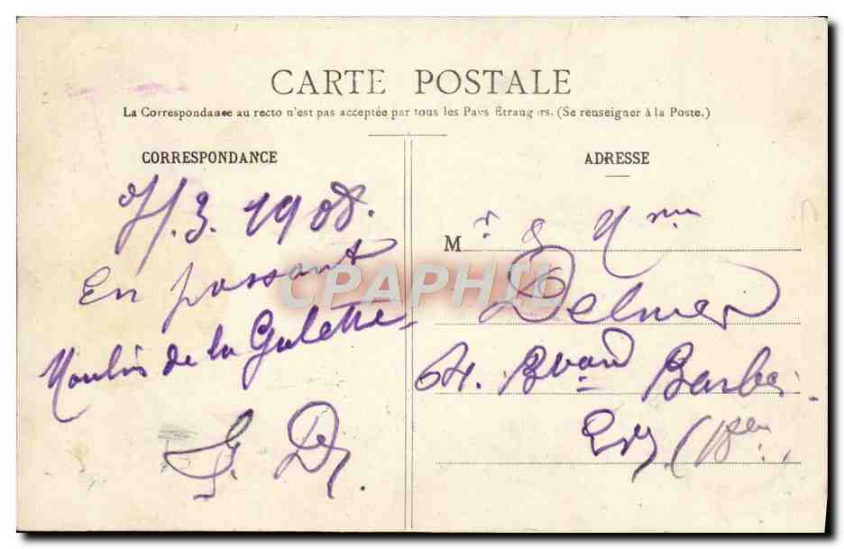 CPA Paris Montmartre Restaurant Debray au moulin de la GAlette en 1860 — Rückseite