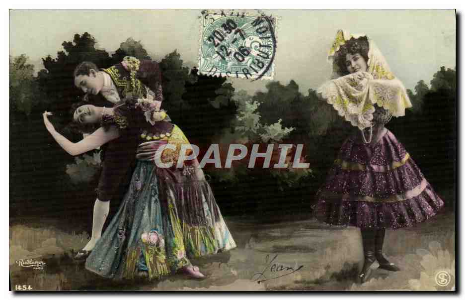 Danseurs et danseuse en costume — scène de spectacle — éditeur Reutlinger, n° 1454