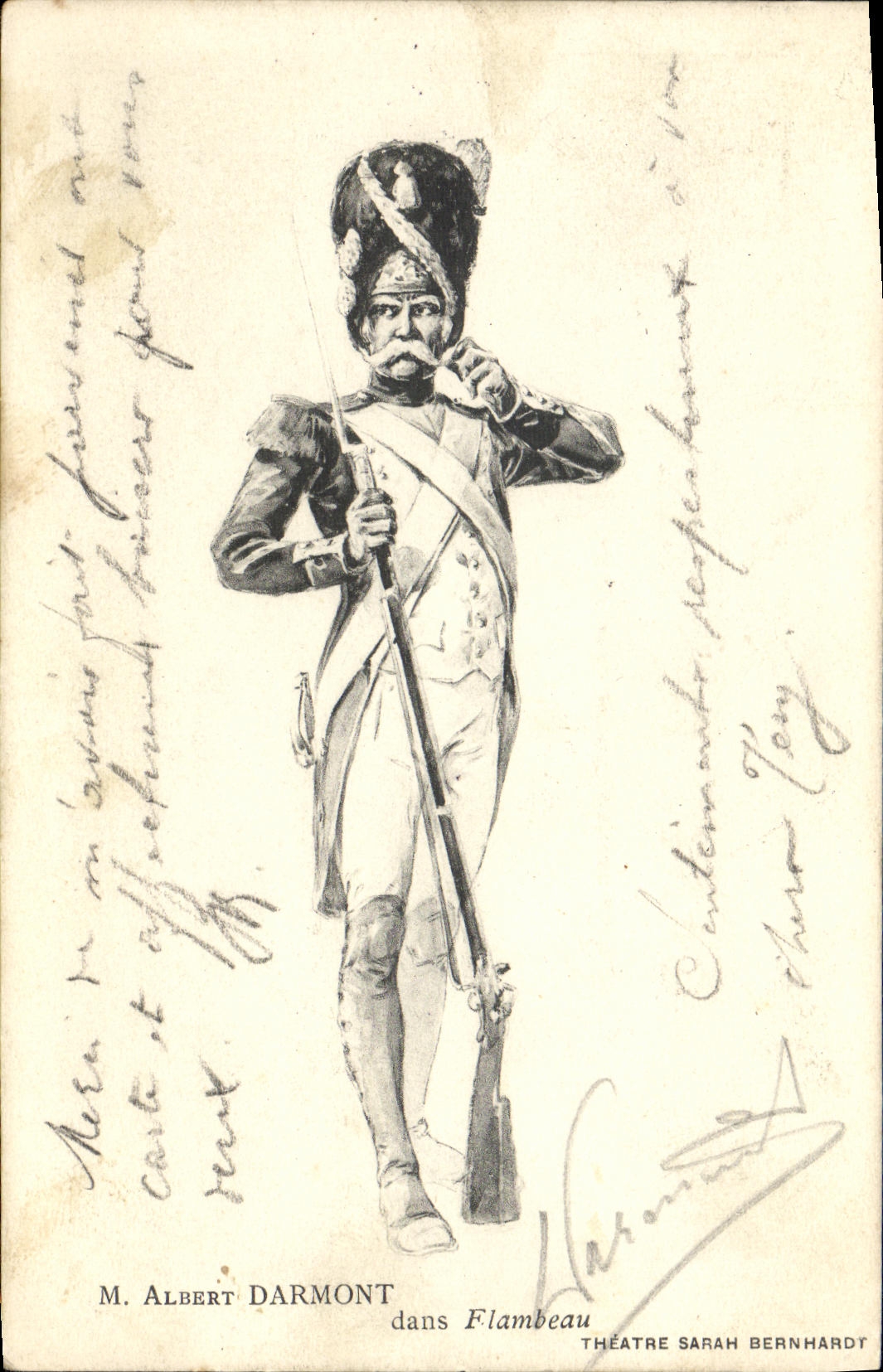 CPA M albert Darmont dans Flambeau Grenadier Militaria Theatre Sarah Bernhardt dedicacee Darmont 