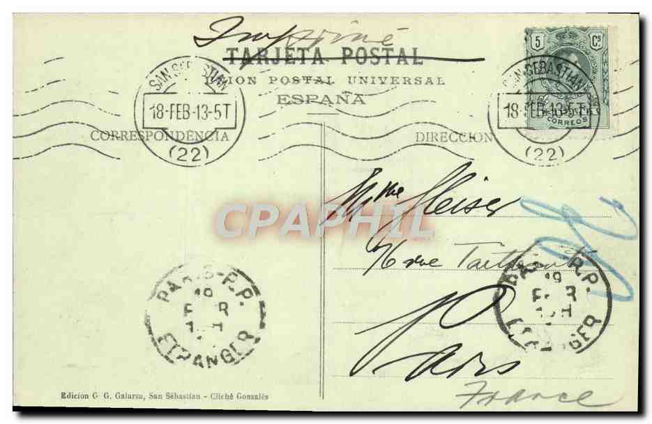 San Sebastián - Terraza del Monte Igueldo — Édition G. Galarza, San Sebastián - Cliché Gonzalés, n°213 — Verso