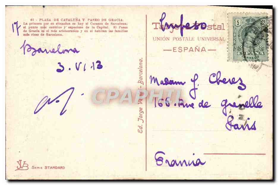 CPA Barcelona Plaza de Cataluna y Paseo de Gracia a vistia de Paiaro  — Rückseite
