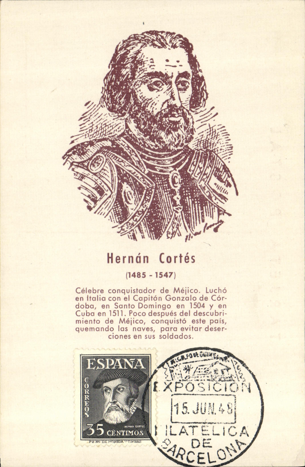 Hernán Cortés — conquistador de Méjico — Exposición Filatélica de Barcelona - Recto