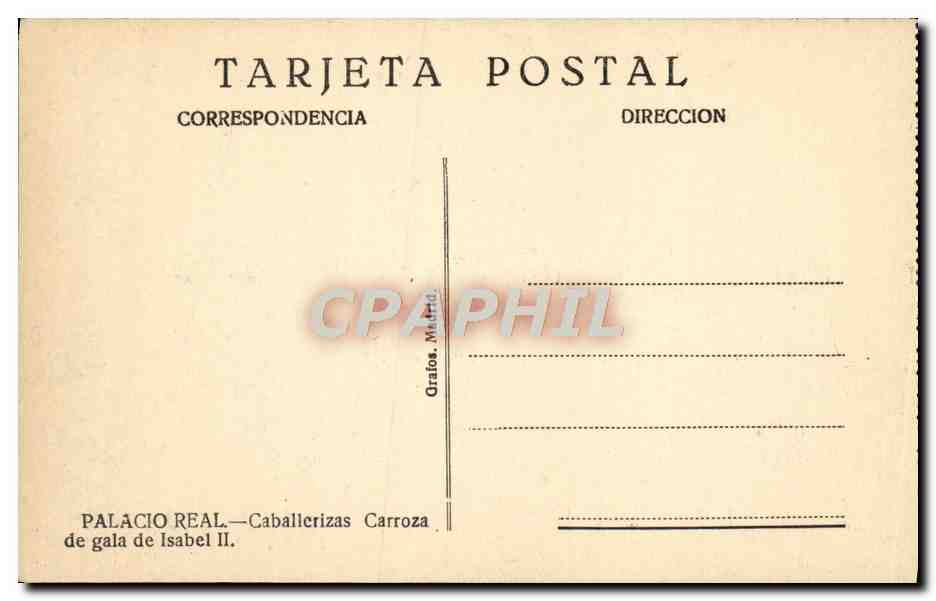 CPA Palacio Real Caballerizas Carroza de gala de Isabel ll  — Rückseite
