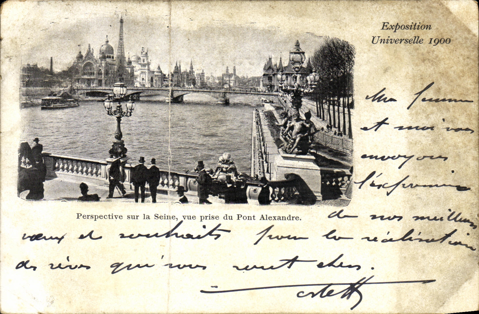 Antike Ansichtskarte Blick auf die Seine vom Pont Alexandre bei der Weltausstellung