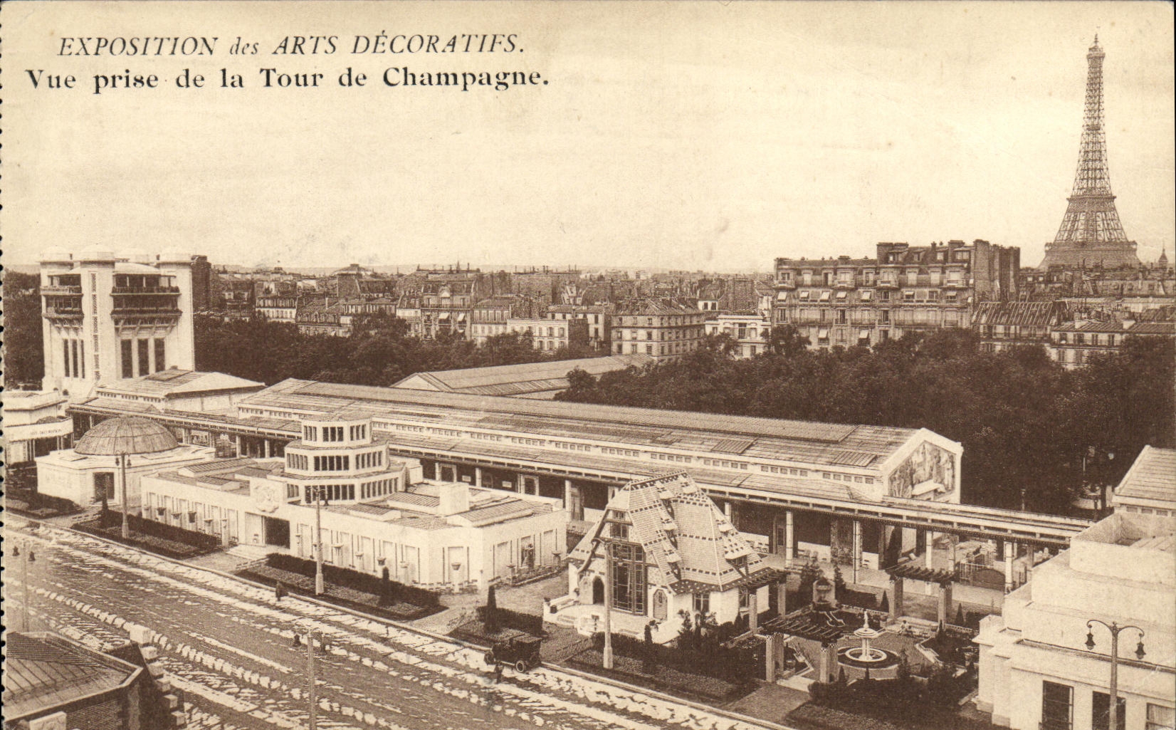 Antike Ansichtskarte Blick auf die Champagne-Turm und Eiffelturm von der Exposition der dekorativen Künste
