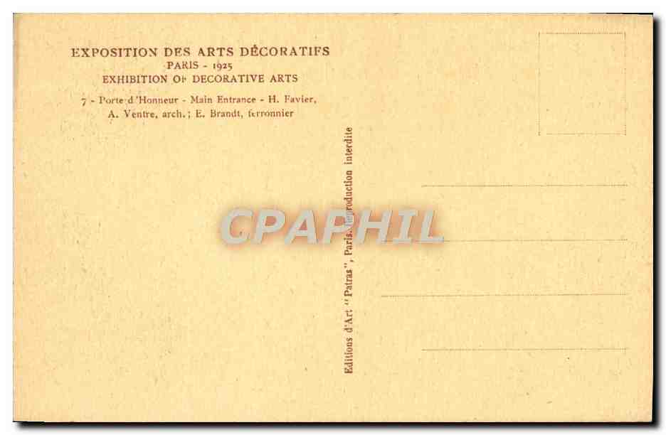 Porte d'Honneur — Exposition des Arts Décoratifs — Éditions d'Art 'Patras' — Verso