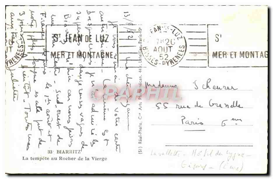 La tempête au Rocher de la Vierge — Biarritz — éditeur C.° Arts Photo, n°33 — Verso