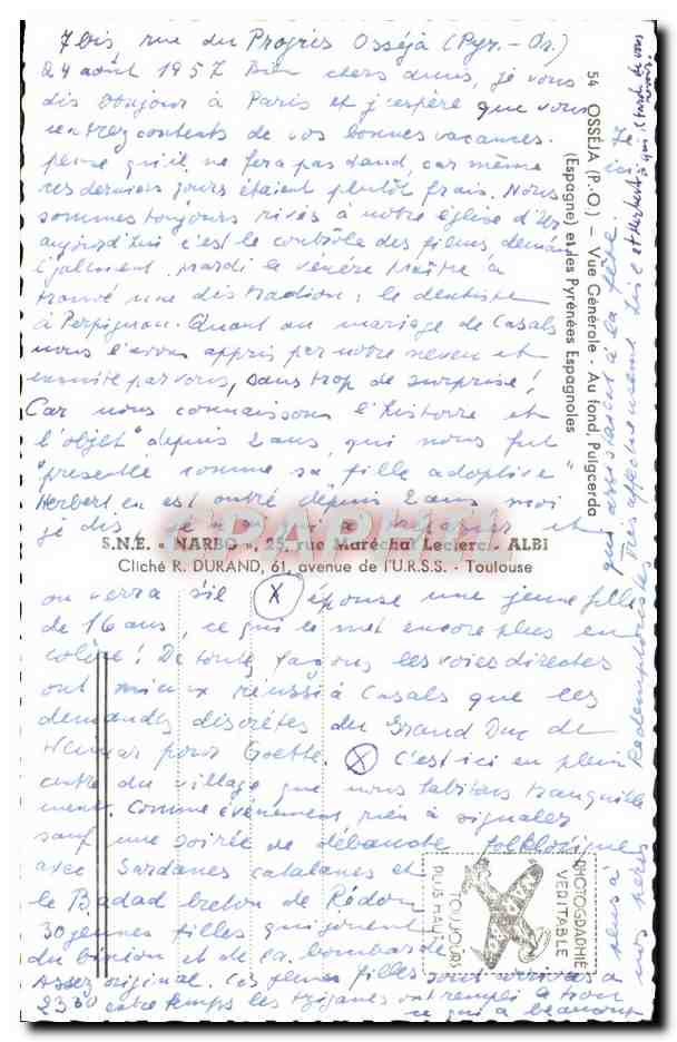 CPA Osseja Vue generale au fond pulgcerda et les pyrenees espagnoles — Rückseite