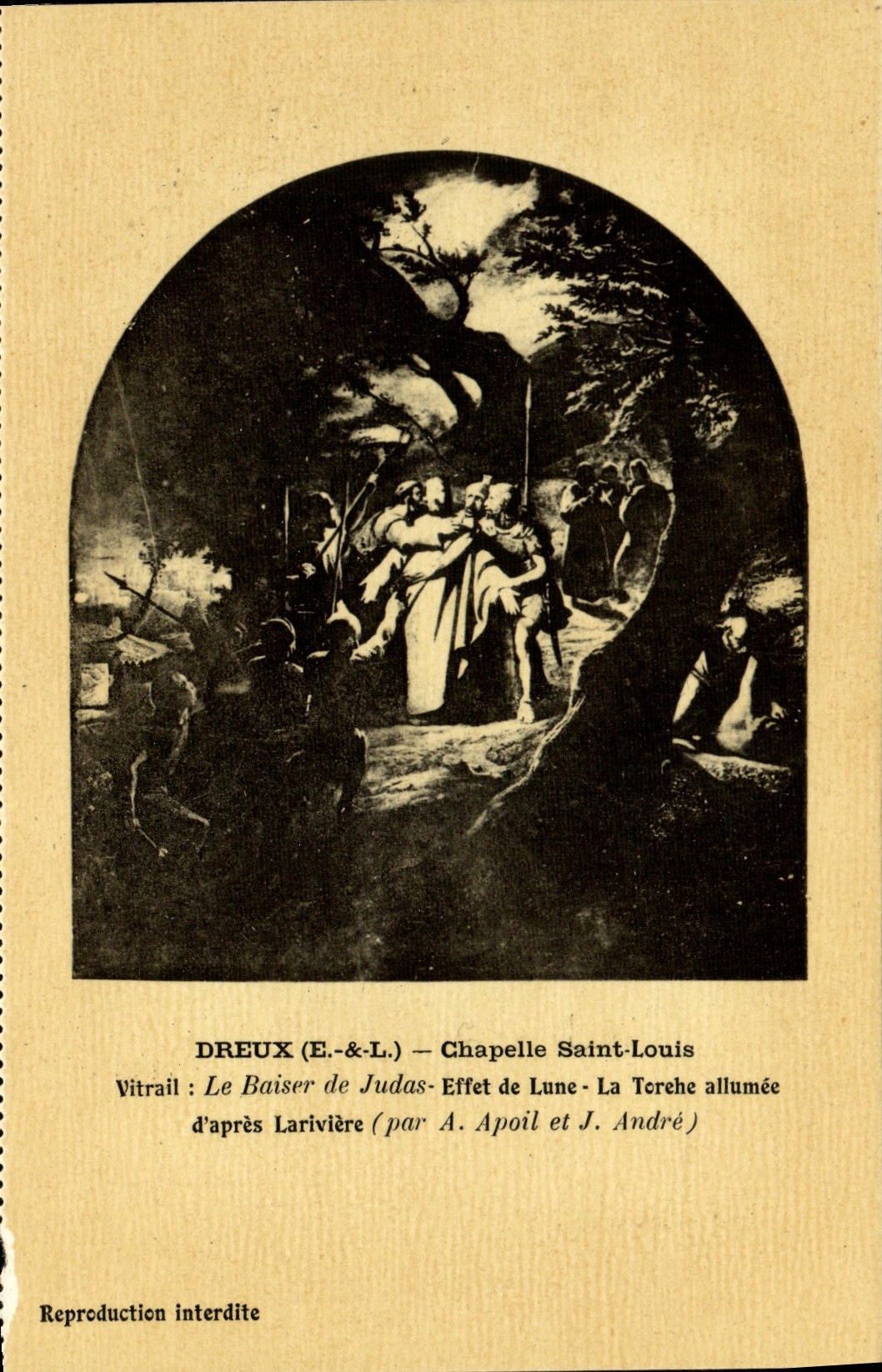 Vitrail de la chapelle Saint-Louis à Dreux — Le Baiser de Judas — Effet de Lune — La Tercèche allumée — d'après Larivière (par A. Apoil et J. André)