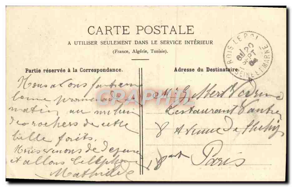 CPA Foret De Fontainebleau Rocher de la tour Denecourt — Verso