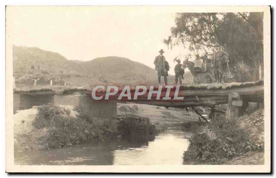 Paysage avec pont en bois — hommes et char à bœufs — éditeur inconnu
