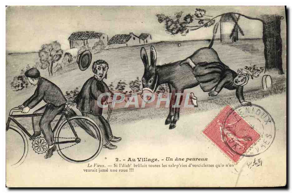 CPA Au Village Un ane peureux Le Vieux Velo Cycle