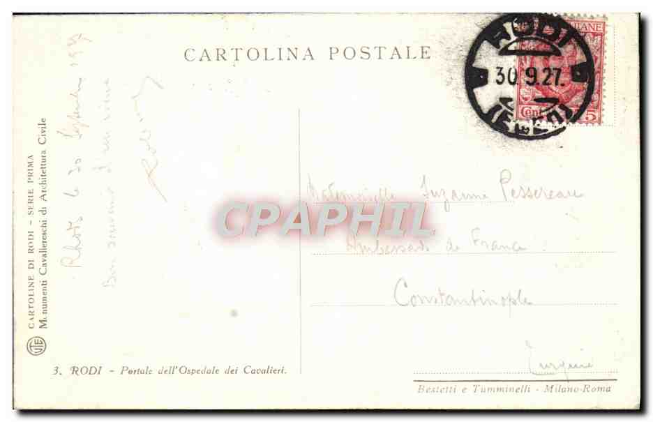 CPA Rodi Portaile del l'Ospedale dei Cavalieri — Rückseite