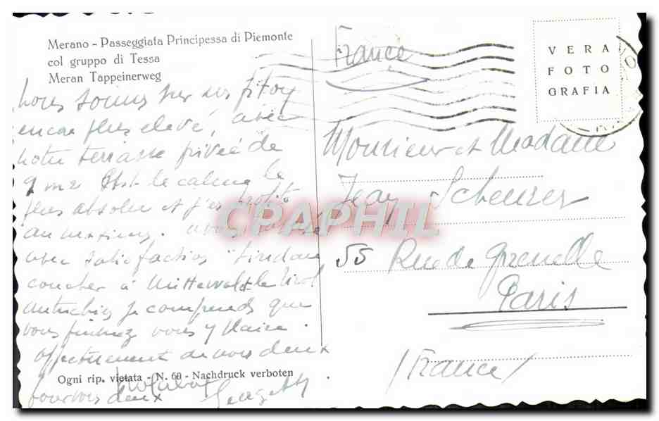 CPA Merano Passeggiafa Principessa di Piemonte dol gouppo di Tessa  — Rückseite