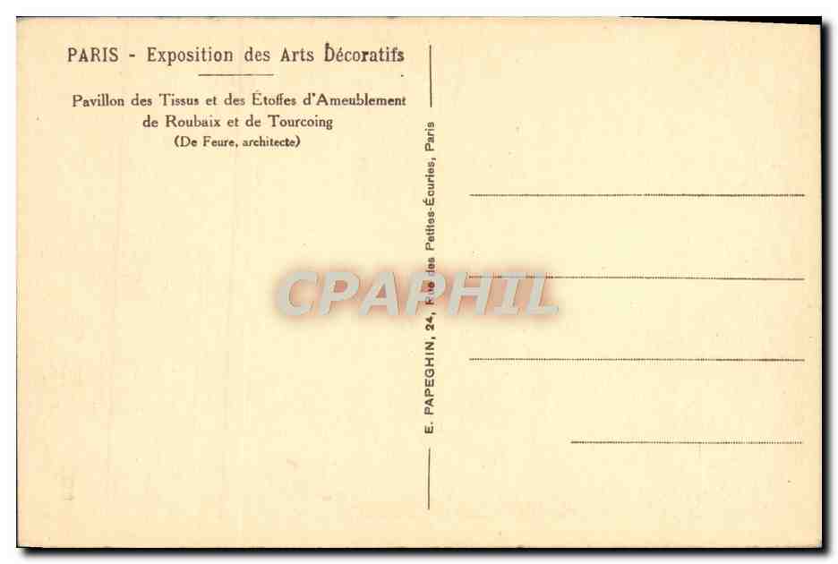 Pavillon des Tissus et des Étoffes d'Ameublement de Roubaix et de Tourcoing — Exposition des Arts Décoratifs, Paris — De Feure, architecte — Verso