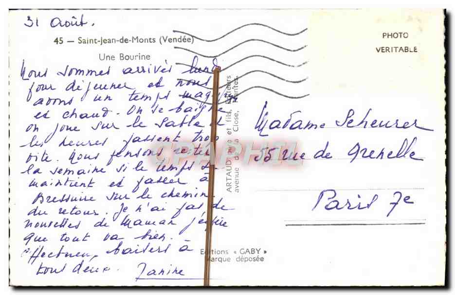 CPM Saint Jean de Monts Une Bourine  — Rückseite