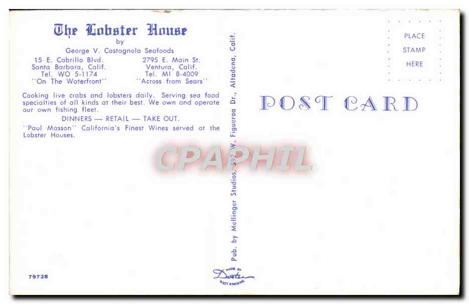 CPA The Cobster House George V Castagnola Seafoods Cabrillo Blvd Santa Barbara Calif  — Rückseite