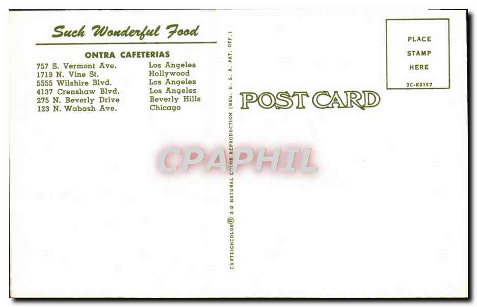 CPA Such Wonderful food Ontra Cafeterias S Vermont Ave Los Angeles  — Rückseite