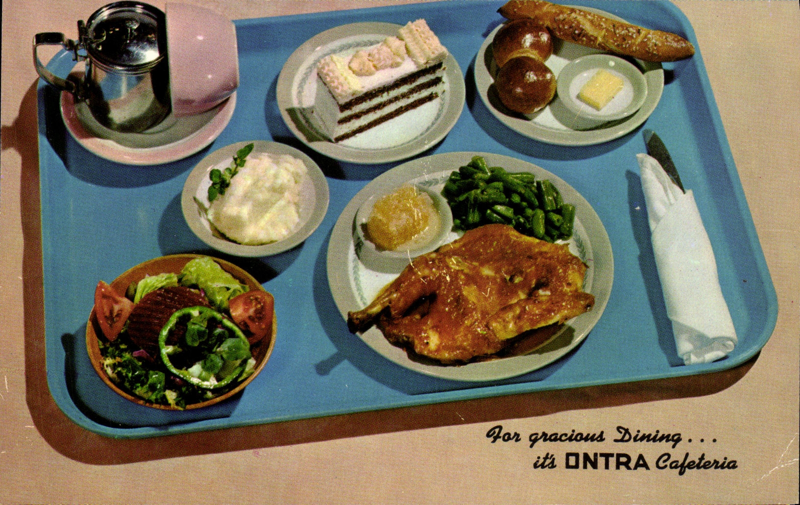 Repas dans une cafétéria — ONTRA Cafeteria — éditeur CURTECHICOLOR, n° 7C-K2157