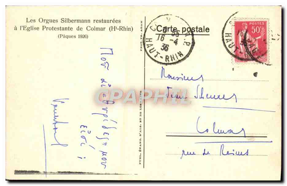 Orgues Silbermann — Église Protestante de Colmar (Haut-Rhin) — Phot. d'Als. et de Lorraine — Rückseite