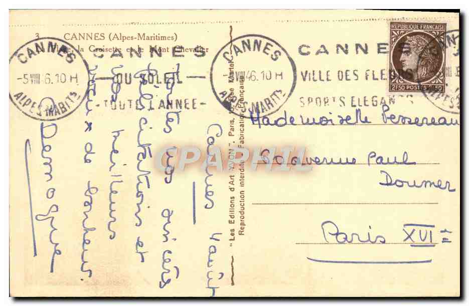 CPA Cannes La plage La croisette et le Mont Chevalier  — Rückseite
