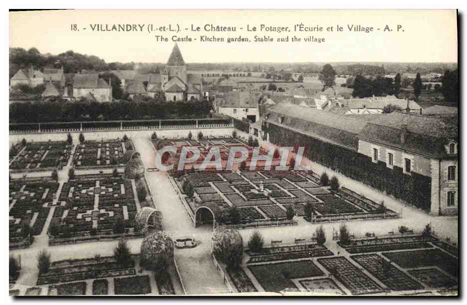 CPA Villandry Le Chateau Le Potager L'Ecurie et le village