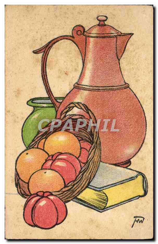 Nature morte — poterie, fruits et livre — dessin signé F.W.