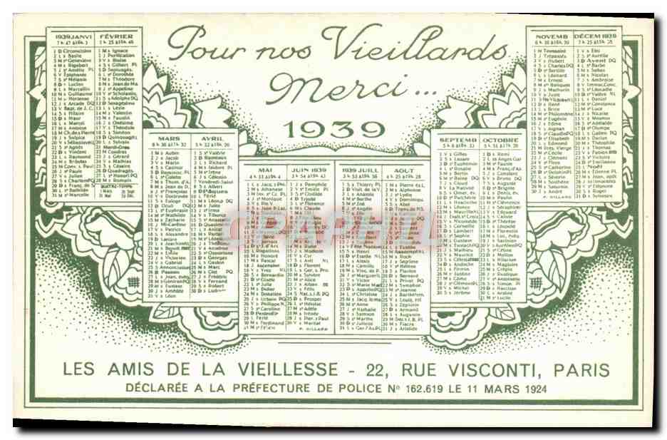 CPA Calendrier 1939 Les Amis De La Vieillesse Rue Visconti Paris — Rückseite
