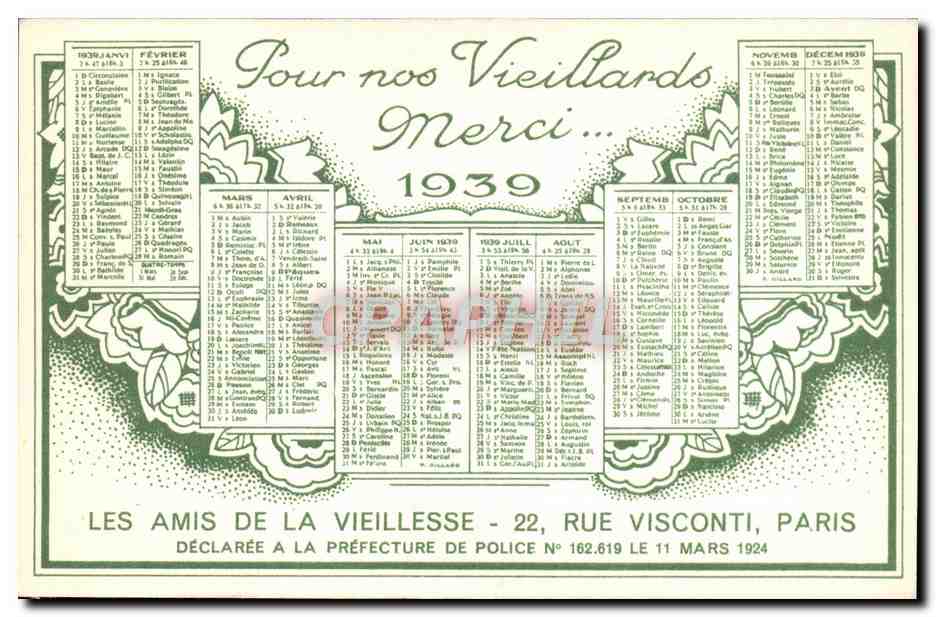 CPA Les Amis De La Vieillesse Rue Visconti Paris Calendrier 1939 — Verso
