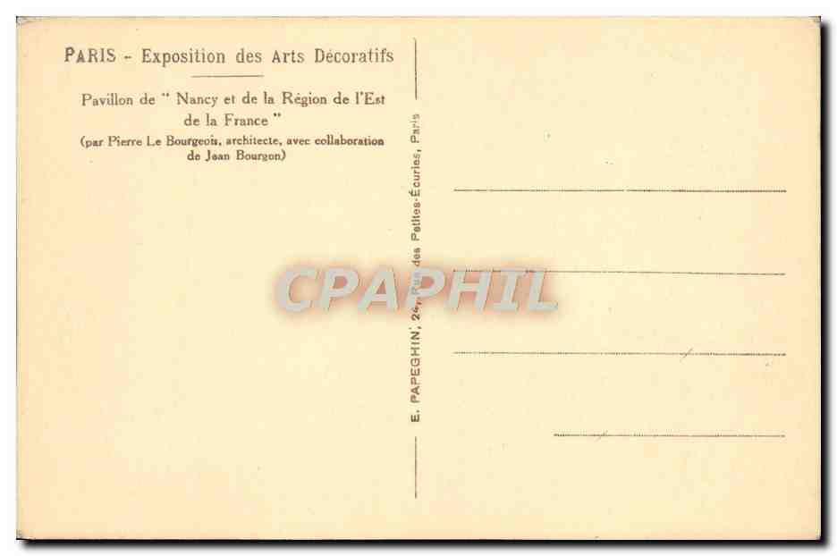 Pabellón de Nancy y de la Región del Este — Exposición de Artes Decorativas — Editor E. Papeghin, París — Reverso