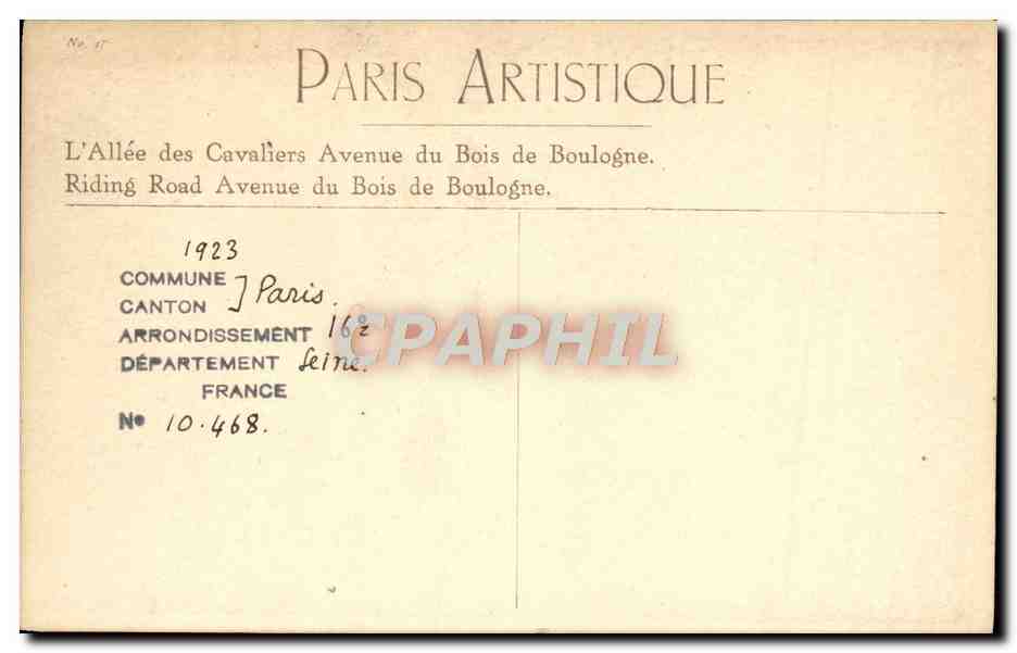 CPA Paris Allee des cavaliers Avenue du Bois de Boulogne  — Verso